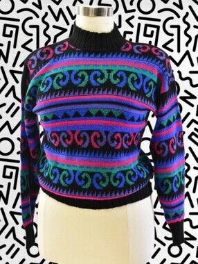 Black Multicolor Patterned Mock Neck Sweater